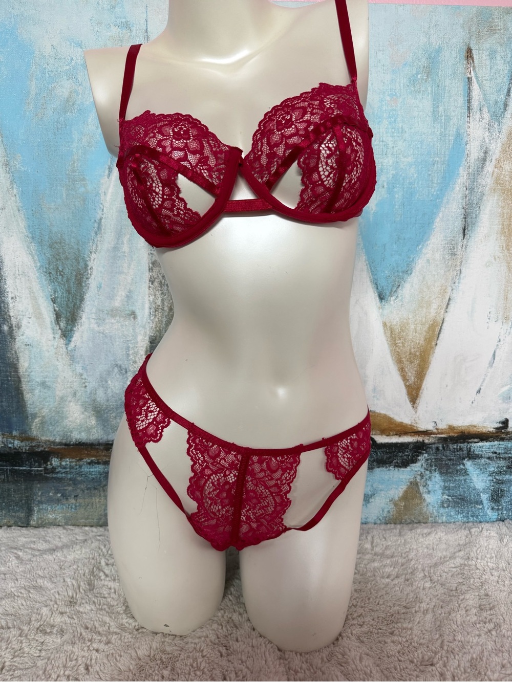 Adore Me Burgundy Lace Underwire Bra & Lace Panty Set